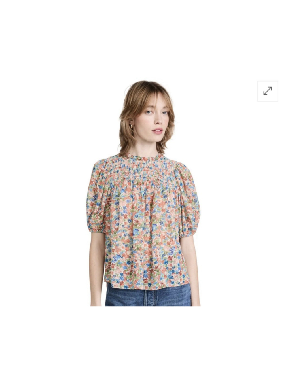 Shoshanna Bianca Top XS Peach Green Floral Smocked Chiffon Ruffle Neck Boho $325